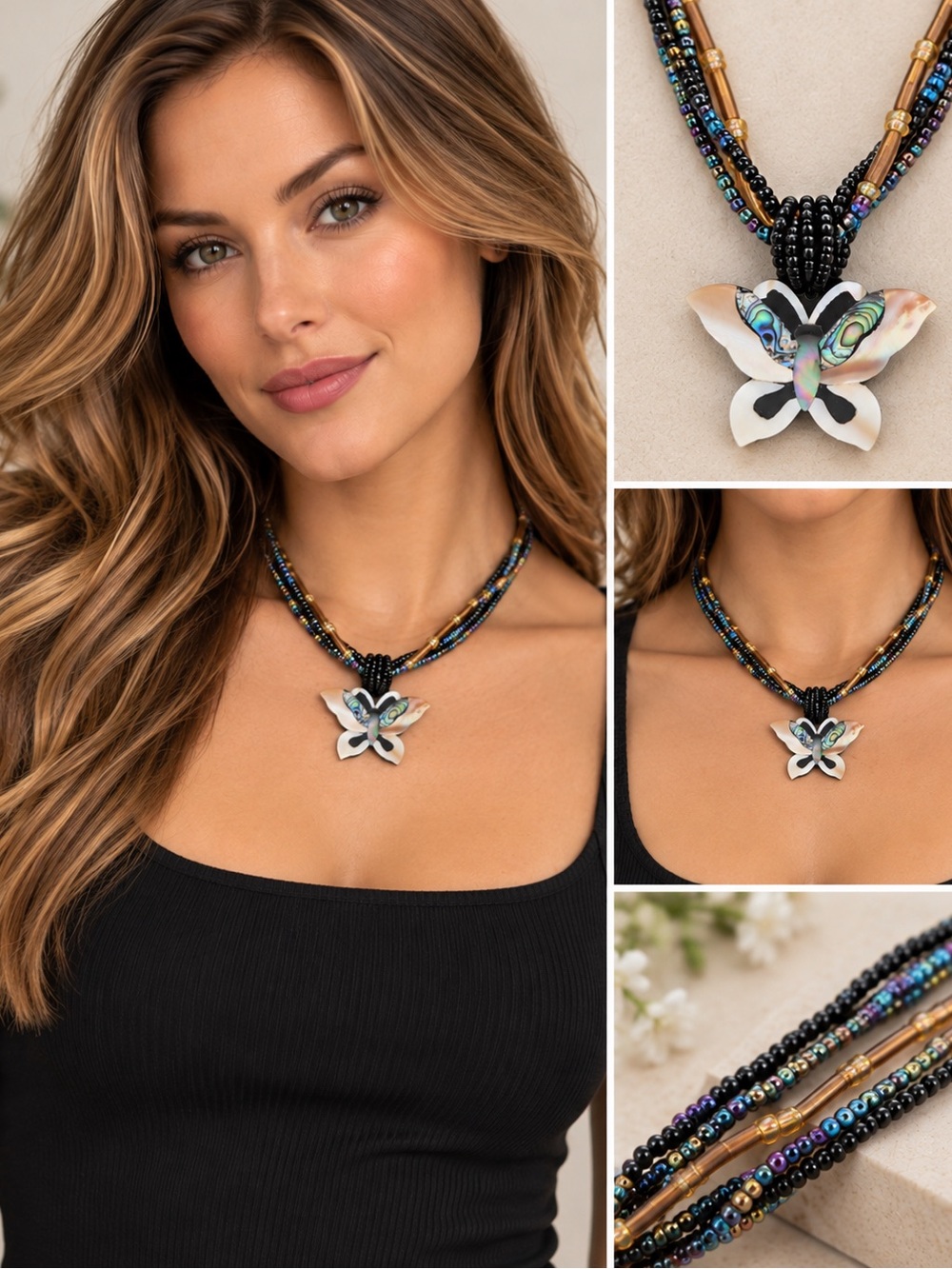 Iridescent Abalone Butterfly Pendant Necklace - Black Beaded Strands